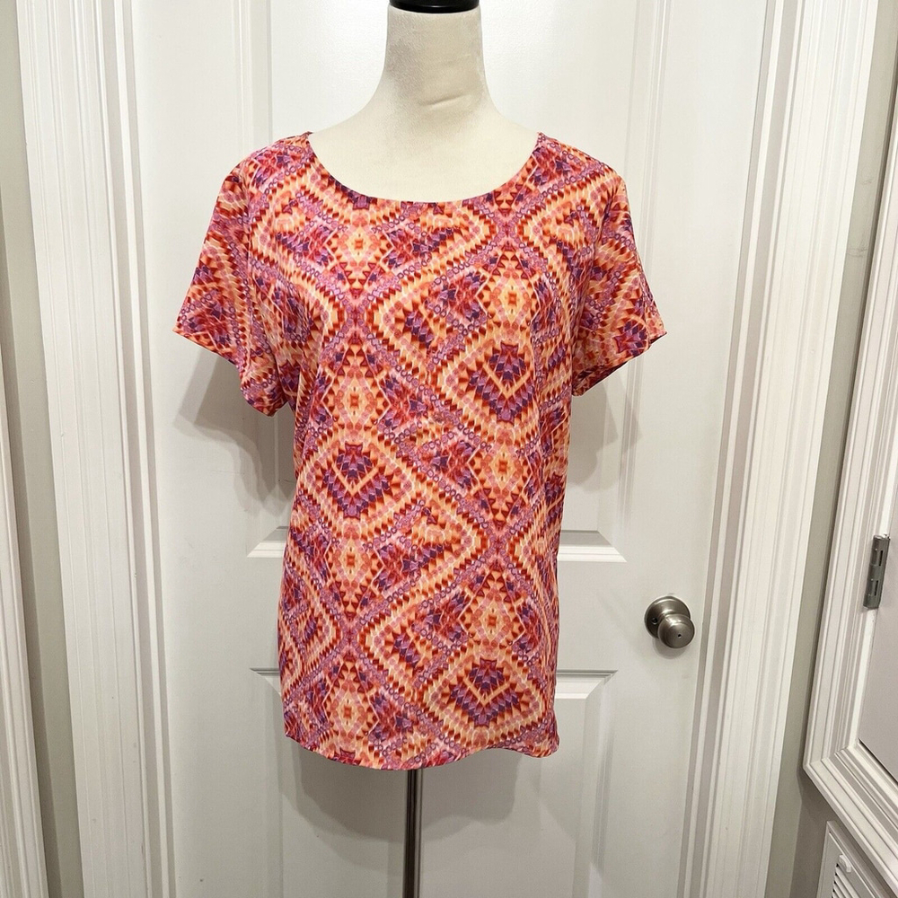 Womens Anthropologie W5 Blouse Shirt Top XL Pink Abstract Print Zipper Back